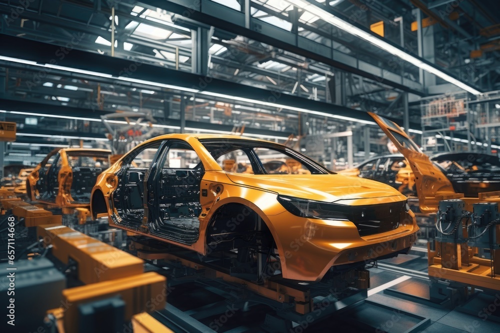 Poster a car being assembled in a factory. this image can be used to showcase the manufacturing process in 