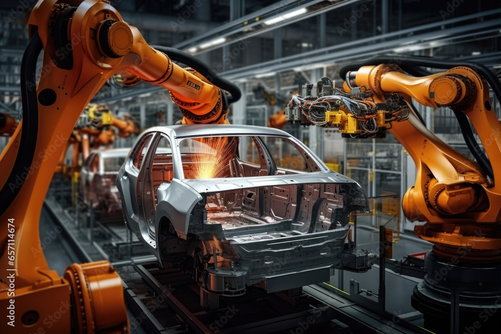 Aufkleber A car being worked on by a robot in a factory. This image can be used to showcase advanced automation in the automotive industry.