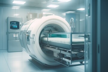 A medical room featuring a large machine. This image can be used to depict a medical facility or hospital setting.