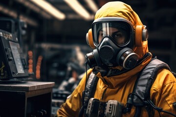 A man wearing a gas mask in a factory. This image can be used to depict industrial safety measures or hazardous working environments.