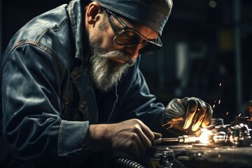 A man is seen diligently working on a piece of metal. This image can be used to showcase craftsmanship and skilled labor. - obrazy, fototapety, plakaty