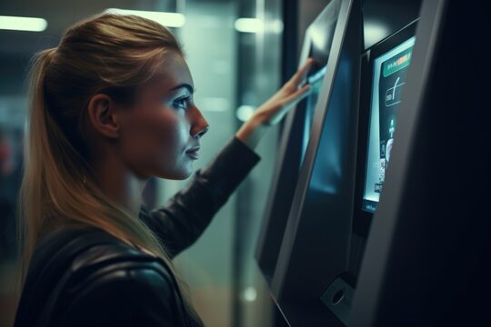 A woman is seen using a touch screen device inside a building. This versatile image can be used to illustrate technology, modern communication, business, or workplace concepts.
