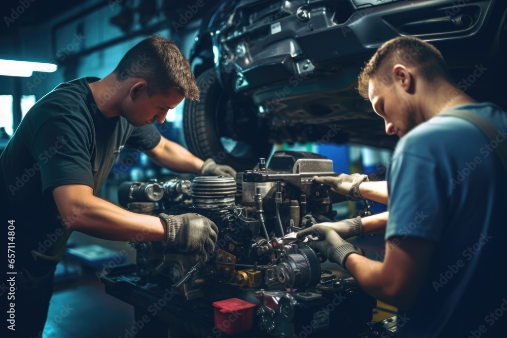Aufkleber two men are seen working on a car engine in a garage. this image can be used to illustrate car repai