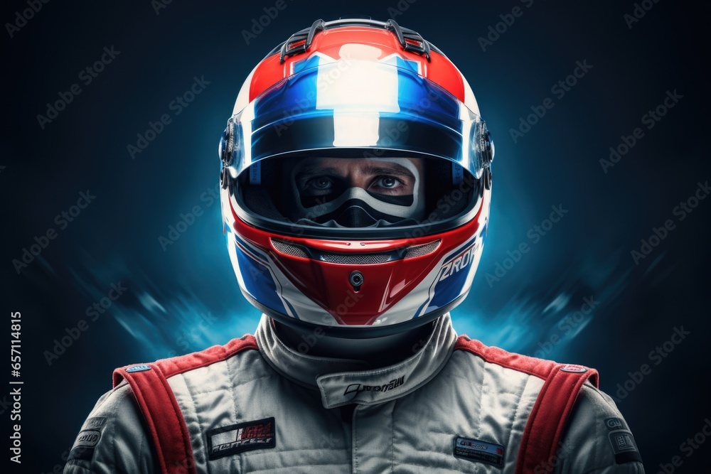 Poster A man wearing a racing suit and helmet. This image can be used to depict motorsports, racing events, or professional racers.