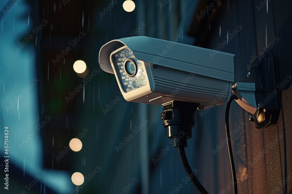 Poster a security camera attached to the side of a building. ideal for illustrating surveillance, safety, o
