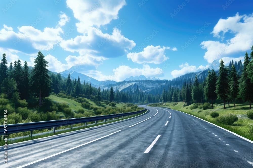Poster a scenic view of a highway surrounded by trees, with majestic mountains in the background. perfect f
