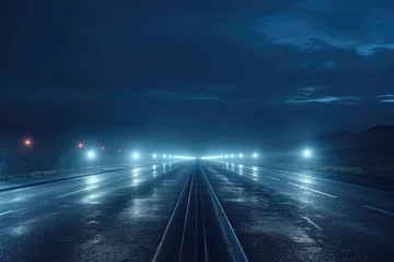 Poster A dark and mysterious image of a long empty road at night with lights illuminating the way. Perfect for conveying a sense of solitude and adventure. Ideal for travel blogs, road trip articles, and ins © Fotograf