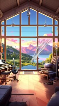 music studio with a natural mountain feel, seamless looping video background animation, cartoon anime style