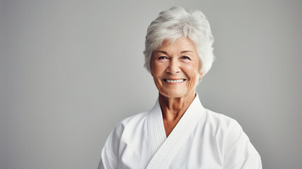 Portrait of happy senior woman at karate course - obrazy, fototapety, plakaty