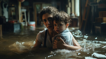 Scared mum protecting her son from flood