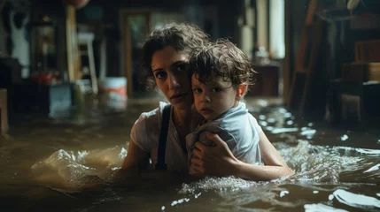 Foto op Aluminium Scared mum protecting her son from flood © standret