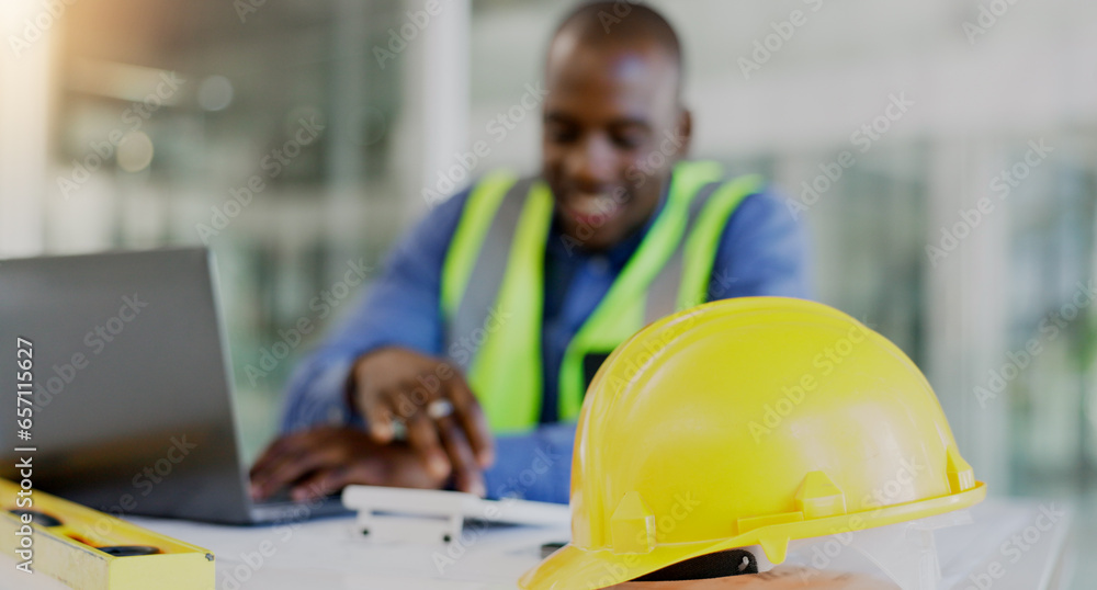 Aufkleber man, calculator and helmet for architecture, blueprint planning and happy with ratio, numbers or dev