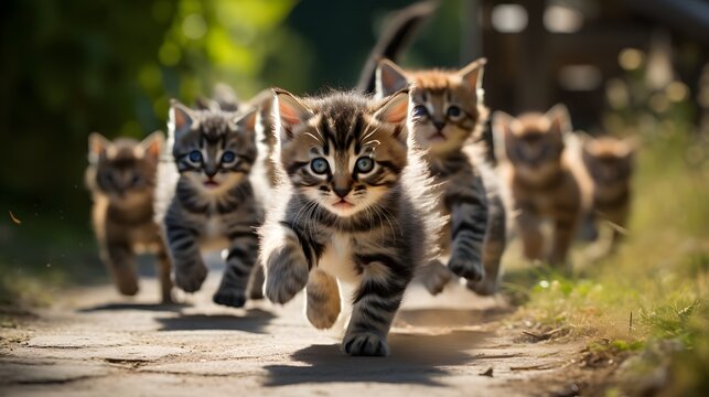 plusieurs chatons courent vers l'objectif, g&eacute;n&eacute;r&eacute; par IA