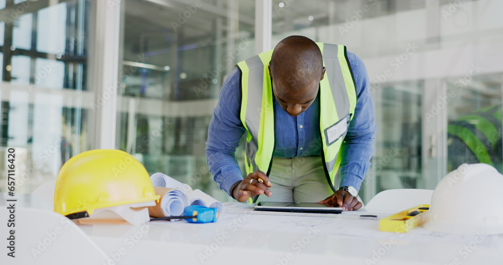 Poster black man, tablet and check floor plan for construction or architect working in office, contractor a