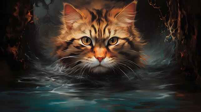 peinture digitale d'un chat tigré dans l'eau, généré par IA