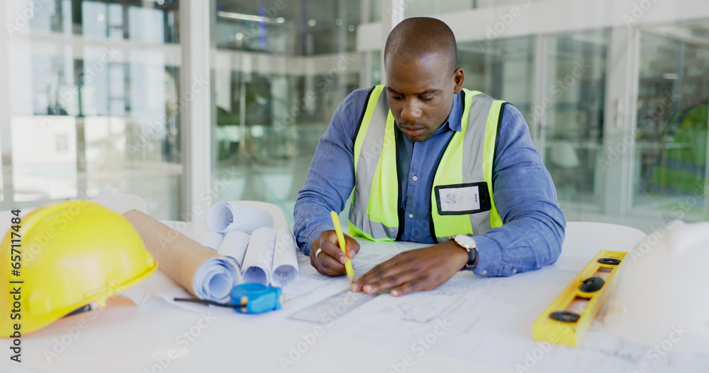 Poster Black man, architecture and drawing blueprint for construction job, engineer and design with developer. Contractor, remodeling and architect working on project floor plan with productivity and sketch
