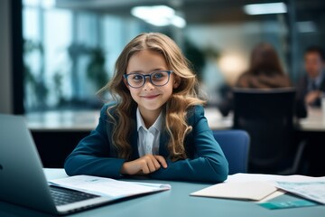 Little businesswoman with laptop working in office - obrazy, fototapety, plakaty