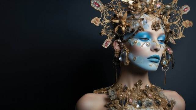 beautiful model wearing silver and gold jewelry, fashion photo