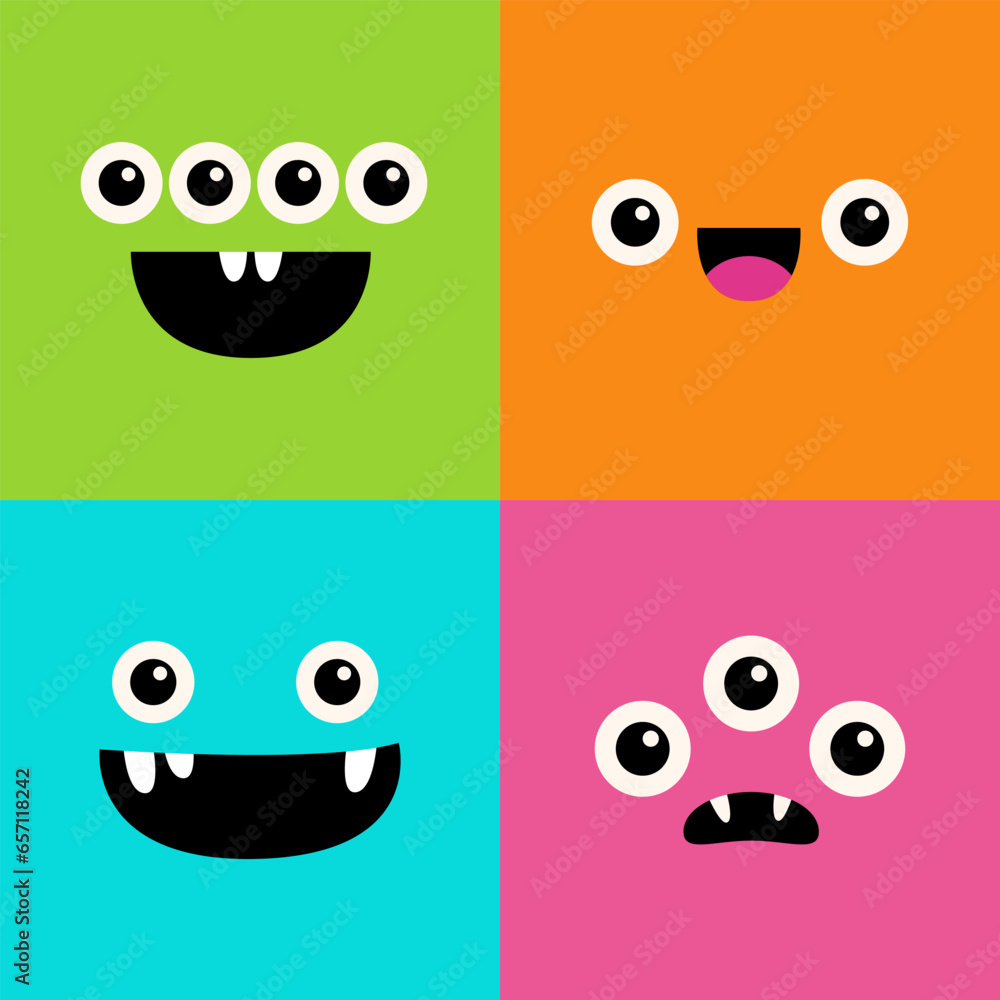 Wall mural monster face set. square head. happy halloween. spooky smiling boo screaming sad face emotion. cute 