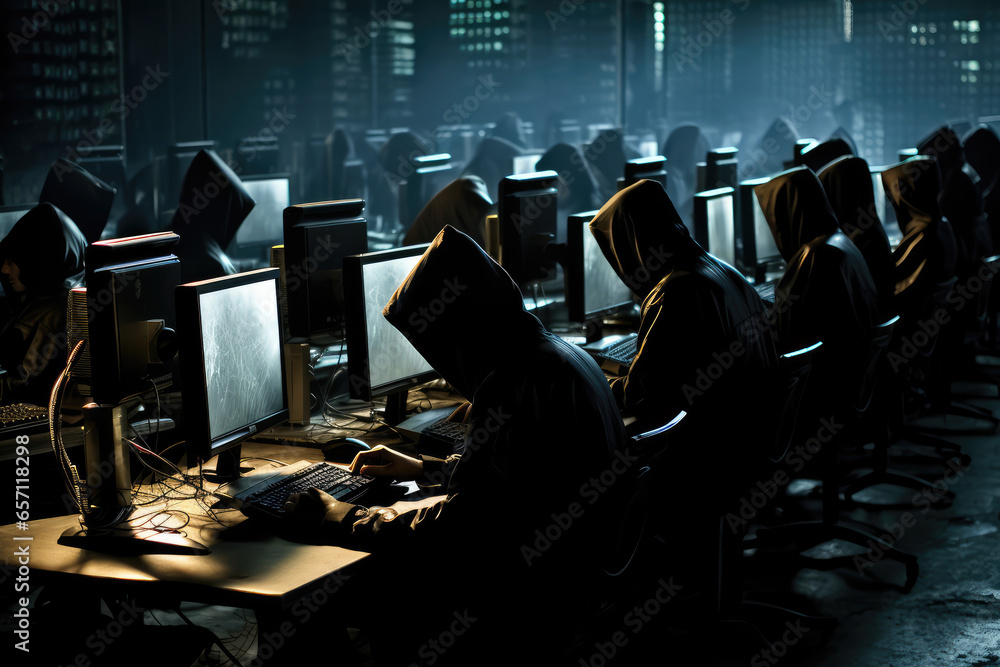 Aufkleber group of hooded hackers in front of computer monitor in a dark room