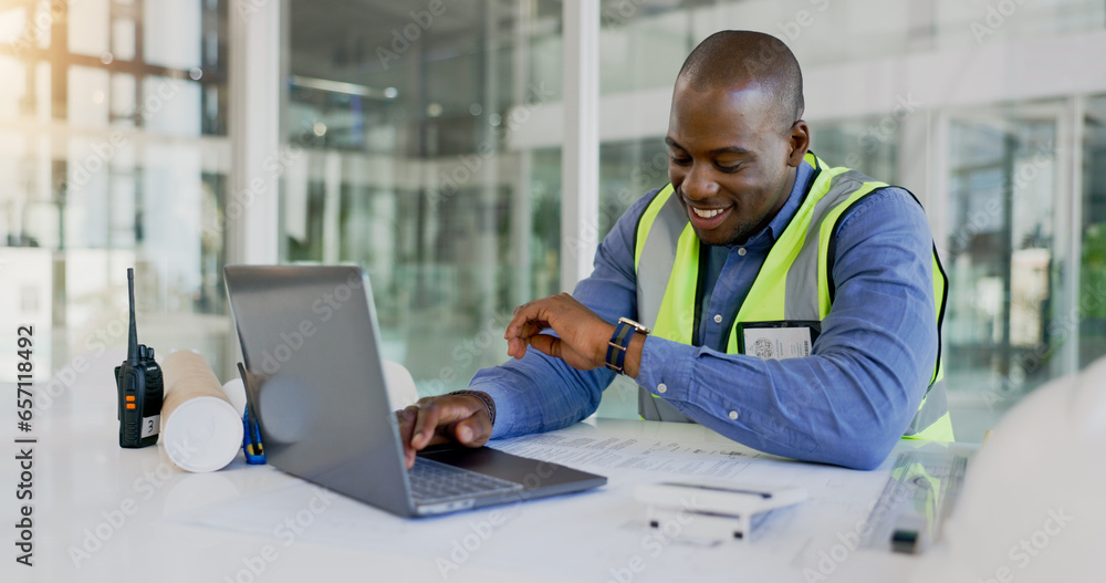 Wall mural Laptop, time and a black man construction worker in an office for planning a building project. Computer, watch and a happy young engineer in the workplace for research as a maintenance contractor