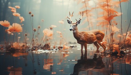 A deer is standing in the middle of a pond