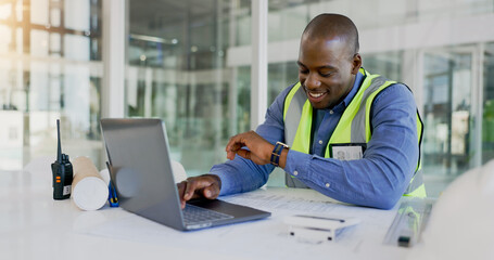 Laptop, time and a black man construction worker in an office for planning a building project....
