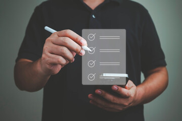 Checklist,Business performance checklist,businessman using laptop doing online checklist survey,filling out digital form checklist,take an assessment,online survey,online exam,questionnaire,evaluation