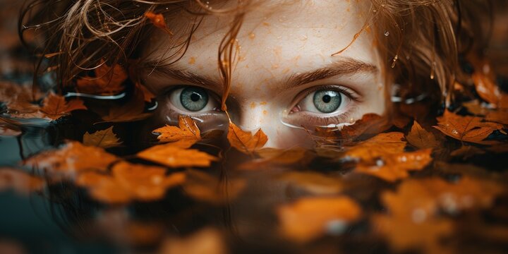 Close-up of a young girl with mesmerizing eyes, half-head immersed in water with autumn leaves