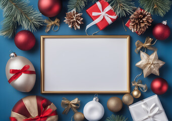 Fototapeta na wymiar Merry Christmas greeting card frame banner new year noel Christmas ornaments with copy space for your text. Generative Ai