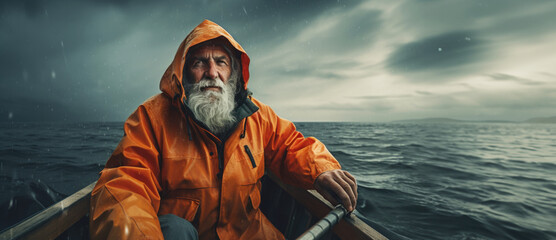 Old man sailor sailing on his boat in a storm steering the wheel. - obrazy, fototapety, plakaty