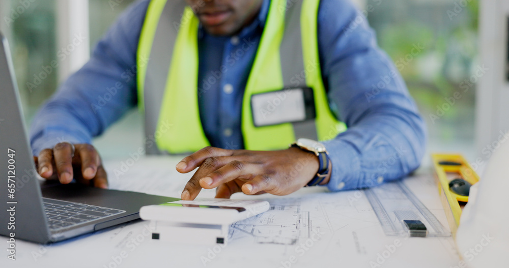 Poster hands, laptop and calculator for architecture, blueprint planning blueprint and numbers, math and de