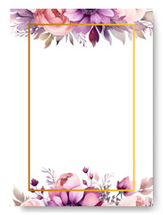 Minimalist border wedding card template with purple peony watercolor. Rustic theme wedding card invitation.