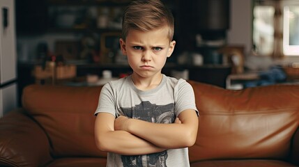 Upset Young Boy with Arms Crossed in a Family Living Room - obrazy, fototapety, plakaty
