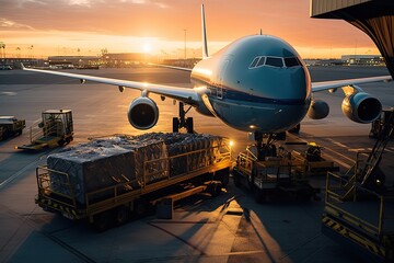 loading cargo into the airplane before departure with nice sky - obrazy, fototapety, plakaty
