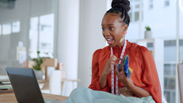 Fashion Designer, Choice And Black Woman On Video Call On Laptop With Fabric, Palette And Material. Communication, Workshop And Person On Computer For Creative Startup, Small Business And Boutique