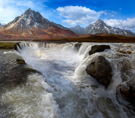 Mythical landscape based on Godafoss waterfall in Iceland - AI enhanced image