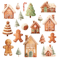 Watercolor Christmas gingerbread house and christmas trees vectors