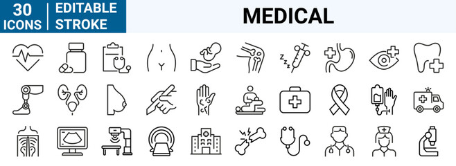 Set of outline icons healthcare medical. Medical care. Dermatology, gynecology, oncology, dentistry. Editable stroke Vector illustration.