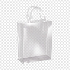 Standing clear merchandise shopping plastic bag with handles realistic vector mockup. Transparent polypropylene shopper mock-up - 657122484