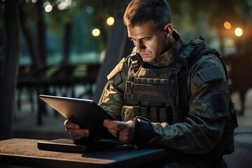 Reconnaissance and viewing of satellite data. A soldier uses a tablet PC. Strategic planning of operations based on satellite tracking systems. Modern warfare. Format photo 3:2.