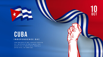 Banner illustration of Cuba independence day celebration with text space. Waving flag and hands clenched. Vector illustration.