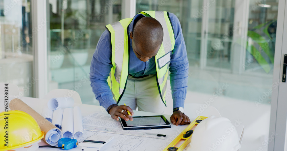 Poster Black man, tablet and review floor plan, construction or architect working on maintenance job in office. Assessment, digital blueprint for architecture project and productivity with design software