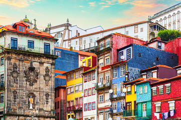 Colorful houses with traditional portuguese glazed tile in Porto, Portugal.