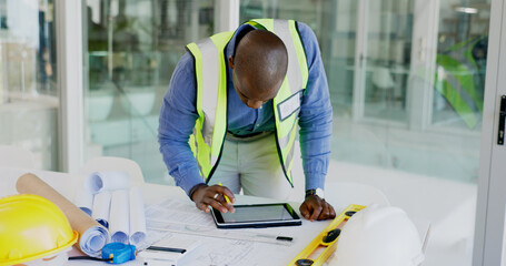 Black man, tablet and review floor plan, construction or architect working on maintenance job in...