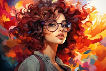  Beautiful glamorous portrait of a girl in glasses with flying hair, watercolor. AI generation