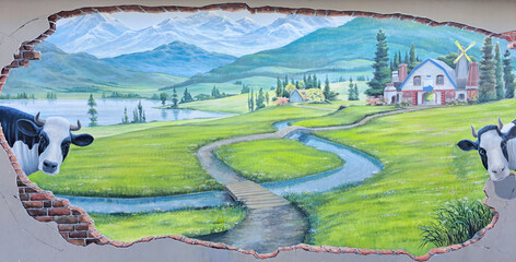 Painting of hacked brickwall mural painting with cows grass meadows and mountain concept. vintage painting, mural painting illustration on wall © TMR Studio