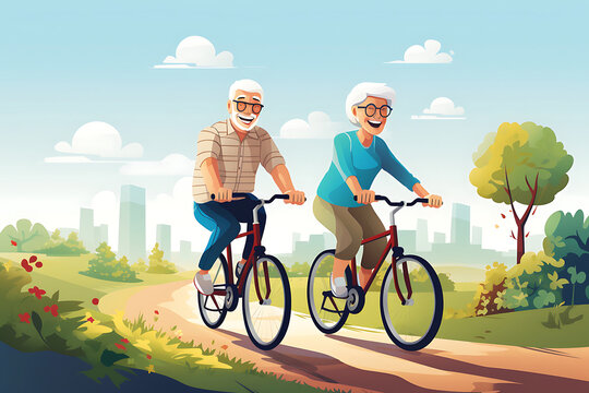 Illustration of an elderly couple riding along a bike path with a smile on their face.