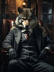 Portrait of a wolf in a business suit sitting in a leather chair