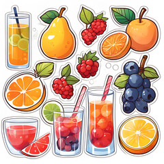 Cute 2d mixed fruit stickers, vector illustration